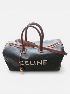 CELINE Black Logo Canvas & Brown Leather Duffel Bag